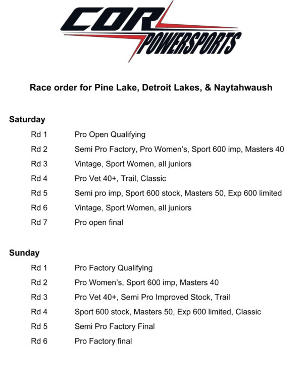 COR POWERSPORTS – RACE DAY ORDER AND EVENT REGISTRATION INFO
